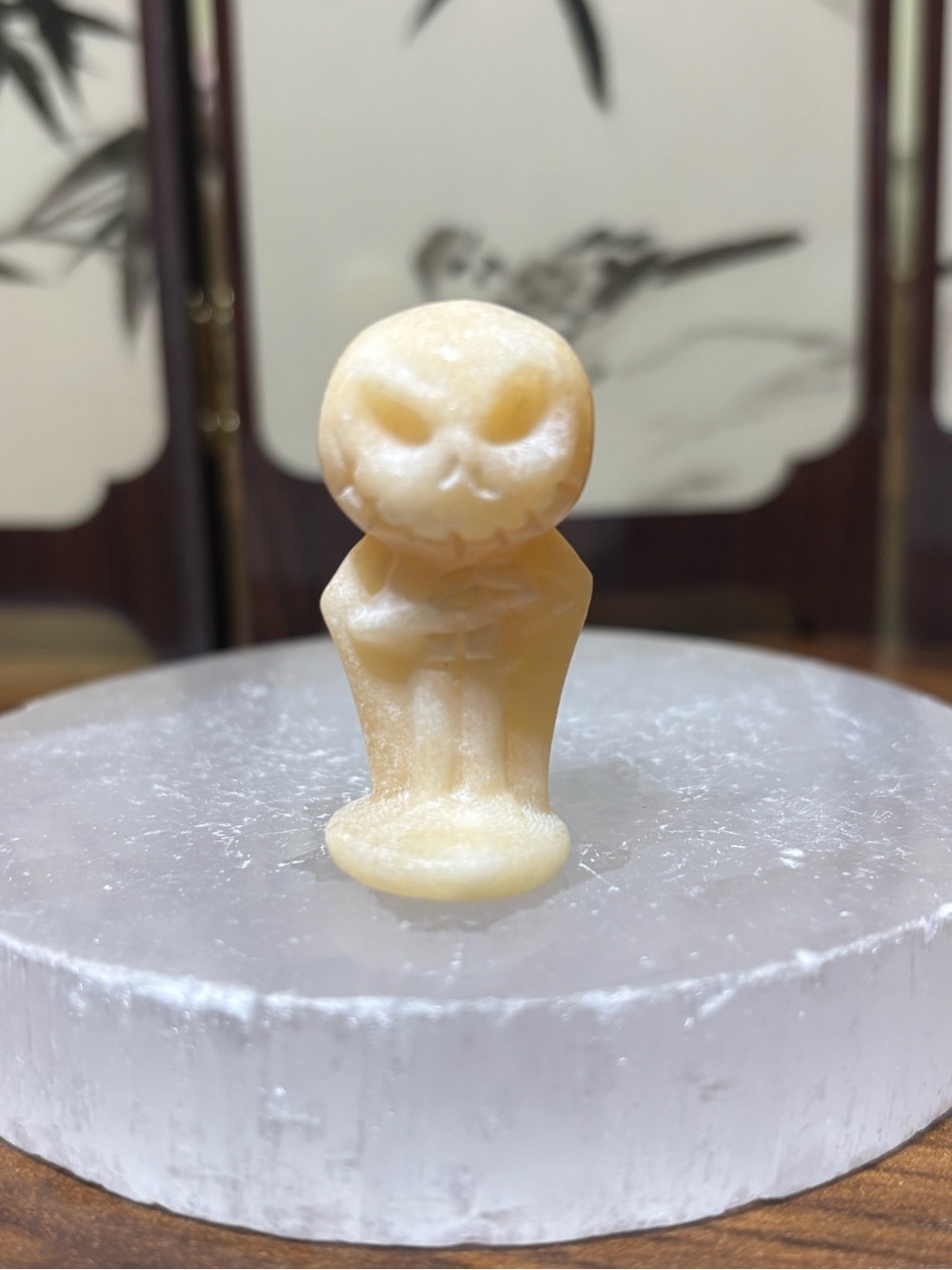 Yellow calcite jack skellington carving